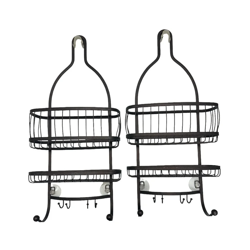 Set of 2 Brown Metal Hanging Shower Caddies Bathroom Organizer Tiers Hooks